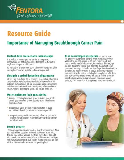 A cover page of a resource guide titled "Importance of Managing Breakthrough Cancer Pain". It has a white background with a green border. On the left side of the page there is a title in bold black font that reads "mentor (fentanyl buccal tablet)". Below the title there are two images - one of a doctor and the other of an elderly woman. The doctor is wearing a white coat and a stethoscope around her neck and she is holding a clipboard. The elderly woman is sitting at a table with a book in front of her. She is smiling and appears to be engaged in a conversation with the doctor. The text on the page is in black font and is divided into two columns.