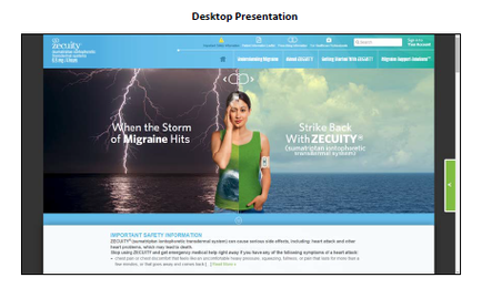 A screenshot of a desktop presentation on a website. The presentation is titled "When the Storm of Migraine Hits" and has a blue background with a photo of a woman standing on the beach with her hands on her head. She is wearing a green tank top and has long dark hair. The sky is filled with dark clouds and there is a lightning bolt striking down from the sky. The text on the presentation reads "Strike Back with security" and "Important Safety Information". There is also a green button on the right side of the presentation.