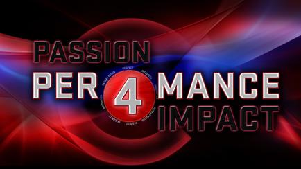 A graphic design with a dark background and a red and blue wave-like pattern. In the center of the image there is a large red circle with the words "PASSION PER 4 dance IMPACT" written in white capital letters. The word "PER 4" is written in a larger font size than the rest of the text. The overall design is bold and eye-catching.