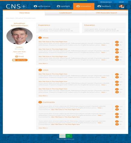 A screenshot of the homepage of a website called CNS. The website has a blue and orange color scheme with a white background. At the top of the page there is a navigation bar with various options such as "View Ideas" "Performance" "Spotlight" "Innovation" "Feedback" and "CNS Associate Search". Below the navigation bar there are two tabs - "Experience" and "Education". On the left side of the image there has a photo of a man with short dark hair and a beard. He is smiling and looking directly at the camera. On the right side it has a list of options for the user to choose from including "Ideas" "Likes" "Comments" and more. The options are arranged in a grid-like format with each option having a brief description of the person's experience education and skills. At the bottom of the screenshot there appears to be a navigation menu with options to navigate through different sections of the website. The overall design is modern and professional with a clean and organized layout.