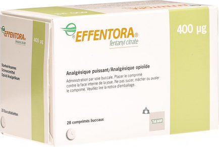 Of a white box with a green label on the front. The label has the brand name "effector" written in bold black letters at the top followed by the product name "fentanyl Citrate" in smaller black letters. Below that there is a description of the product which reads "Analgélique puissant/Analgesique opioid" which translates to "analyzing puissant/Analogue opioid" in English. The box is rectangular in shape and has a green border around the edges. On the left side of the box there are two small white buttons on the bottom left corner one labeled "28 comprises buccal" and the other labeled "tea". On the right side it says "400 mg". The box appears to be unopened and is sitting on a white surface.