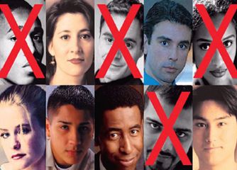 A collage of multiple headshots each depicting a person's face. The faces are arranged in a grid pattern with some faces overlapping or partially visible. The overall color scheme is predominantly red and black with occasional pops of other colors.