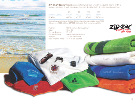 A collection of beach towels from the brand Zip-Zac. The towels are folded and stacked on top of each other on a sandy beach. The beach towel is white with a blue and green striped pattern on the top and bottom. On the left side of the image there is a photo of the ocean with the waves crashing onto the shore. The sky is blue with white clouds and the sun is shining brightly. On the right side there are several folded towels in different colors - blue green orange red and white. The colors of the towels are vibrant and the towels appear to be made of a soft absorbent fabric. There is also a pair of sunglasses resting on one of the folded towels. The text on the image reads "ZIP-ZAC Beach Towel - A plush terry-velour woven jacquard towel with a water-resistant lining. Available in 4 color combinations."
