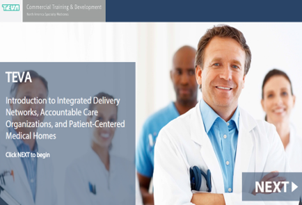 A screenshot of the homepage of a website called tea. The website has a blue and white color scheme with the tea logo on the top left corner. On the right side of the image there is a photo of a man in a white lab coat with his arms crossed and a stethoscope around his neck. He is smiling and looking directly at the camera. Behind him there are three other people two men and two women who are also smiling. The background is blurred but it appears to be a medical office or clinic setting. The text on the image reads "Introduction to Integrated Delivery Networks Accountable Care Organizations and Patient-Centered Medical Homes" and "Click Next to begin".
