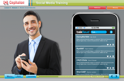A screenshot of a website called cephalic Social Media Training. It shows a young man in a suit holding a mobile phone and smiling at the camera. He is standing in front of a gray background. On the right side of the image there is a large black smartphone with the text "talkcloud" displayed on the screen. The phone appears to be a modern device with a large screen and a home button at the bottom. The text on the phone's screen reads "12:34 PM" and there are several options below it including "Menu" "Exit" and "Help". The website's logo is also visible in the top left corner.