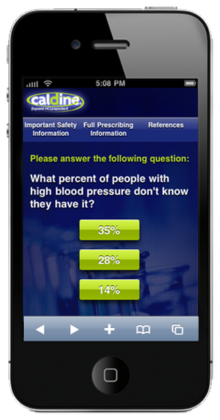A survey question reading "Please answer the following question: What percent of people with high blood pressure don't know they have it?" The available multiple choice answers are "35%" "28%" and "14%". This appears to be a mockup of web-based content sponsored by Caldine shown as it will display on a smartphone.