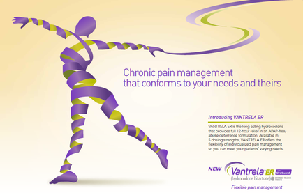 An advertisement for cantrell ER a flexible pain management company. The background is a light beige color and the text is in black. On the left side of the image there is an illustration of a person in a yoga pose with their arms stretched out to the sides and their legs bent at the knees. The person is made up of purple and green ribbons creating a spiral-like pattern. The text on the image reads "Chronic pain management that conforms to your needs and theirs" and "Introducing cantrell ER". On the right side there are two smaller text boxes with the company's logo and contact information.