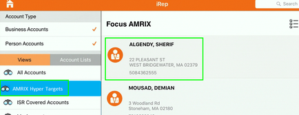 A screenshot of the account type page of the prep app. The page is titled "Focus AMRIX" and it shows the user's account type business accounts person accounts views and all accounts. On the left side of the page there is a section titled "All Accounts" with a list of all accounts and their respective views. On the right side there are two options - "AMRIX Hyper Targets" and "ISR Covered Accounts". In the center of the image there has a green rectangle with the text "already SHERIFF" in white text. Below the rectangle it says "22 Pleasant St West Bridgewater MA 02379" in black text. The text is in a smaller font size and is located in the bottom right corner of the screen. At the top right corner there appears to be a search bar and a search icon. The background of the screenshot is white.