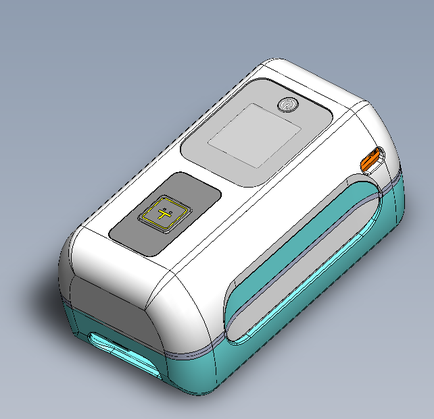 A 3D model of a medical device. It is a rectangular-shaped device with a white body and a turquoise-colored base. The top of the device has a small rectangular button on the right side which is likely used to control the device's functions. On the left side there is a small square button with a yellow square in the center which could be a power button or a control panel. The device appears to be made of plastic or a similar material and has a sleek modern design. The background is a light blue color making the device stand out.