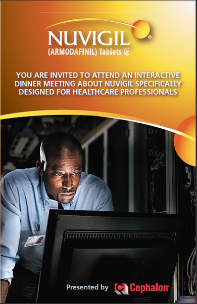 An advertisement for an interactive dinner meeting about vigil specifically designed for healthcare professionals. The background of the image is orange and yellow with the company's logo in the top left corner. In the center there is a photo of a man sitting in front of a computer monitor. He is wearing a blue shirt and appears to be focused on the screen. The text on the image reads "You are invited to attend an Interactive Dinner Meeting about vigil specifically Designed for Healthcare Professionals" and "Presented by cephalic".