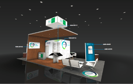 A 3D rendering of a trade show booth. The booth is made of wood and has a white and blue color scheme. On the left side of the booth there is a large screen displaying information about the booth's features. On the right side there are two white chairs and a table. The table has a blue and white circular design on it. In the center of the image there appears to be a podium with a microphone. Above the podium there has a green and white sign that reads "VAN-0117". Below the podium and the sign it seems like there are several other booths with information about their features. The background is black and there are small white dots scattered throughout the image.