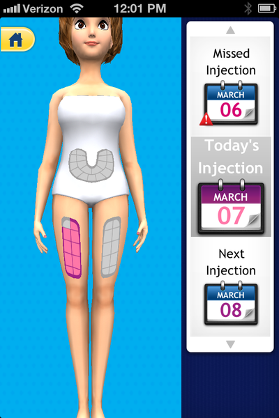 A screenshot of a mobile application called "Missed Injection". It shows a 3D model of a woman wearing a white one-piece swimsuit with a gray horseshoe design on the front. The woman has brown hair and is standing in front of a blue background. On the right side of the image there is a notification that reads "Today's Injection" with the date "March 06" and the time "March 07" below it. Below the notification there are two options - "Next Injection" "March 08" and "Next injection".