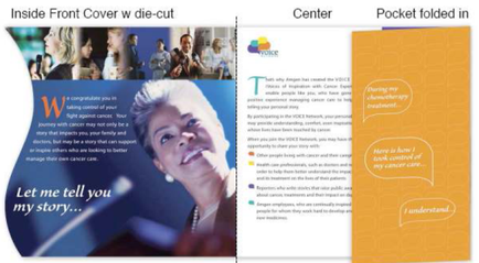 A brochure or flyer for a company called "Inside Front Cover w die-cut". The brochure is divided into two sections. On the left side there is a photo of a woman with short blonde hair and a blue background. She is smiling and looking up at the camera. The text on the brochure reads "Let me tell you my story..." and there is an image of a group of people in the background. On the right side of the image there are two pages of the same brochure. The first page has a title that reads "Center" and a brief description of the company's services. The second page has an article titled "Pocket folded in" with a brief explanation of the services offered by the company. The article mentions that the company offers a range of services such as breast cancer treatment breast cancer research and breast cancer awareness.