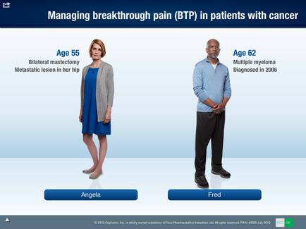 A man and a woman standing side by side facing the same direction. The woman is on the left side of the image wearing a blue dress and a gray cardigan. She has blonde hair and is looking directly at the camera with a serious expression. The man on the right side is wearing a light blue shirt and black pants. He has a bald head and is standing with his hands in his pockets. The background is white and there is text above and below the image that reads "Managing breakthrough pain (BTP) in patients with cancer".