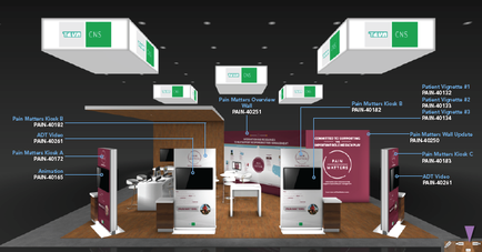 A 3D rendering of a trade show booth design. The booth is divided into three sections each with a different color scheme and design. The first section on the left side of the booth has a white background with a green and white logo that reads "CNS". The logo is a stylized letter "C" with the letters "N" in the center. Below the logo there is a description of the product which reads "Pain Matters" in bold letters. On the right side there are several smaller white boxes with the same logo arranged in a grid-like pattern. The boxes are connected by arrows indicating the flow of information between them. The background is black and the overall design is modern and professional. The overall color scheme of the design is predominantly white and green with some purple accents.