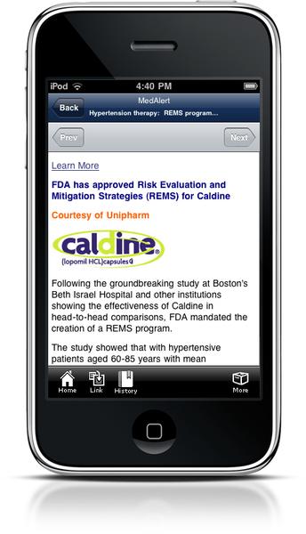 A screenshot of an iPhone screen displaying a webpage from the medalist app. The webpage is titled "FDA has approved Risk Evaluation and Mitigation Strategies (REMS) for calcine". The webpage has a white background with black text. At the top of the page there is a blue header with the time "4:40 PM" and a search bar. Below the header there are two tabs - "Back" and "prep". The first tab is for the "Learn More" section of the webpage which provides information about the da's approval of risk evaluation and mitigation strategies for calcine. The second tab is from the "Courtesy of Unipharm" section which is for "Following the groundbreaking study at Boston's Beth Israel Hospital and other institutions the head-to-head comparison of the FDA mandated the creation of a REMS program. At the bottom of the screen there has a link to the "Home" section and a "History" button.