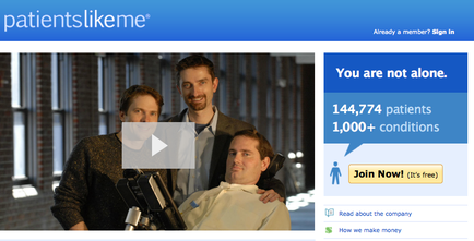 A screenshot of the homepage of a website called "patientslikeme". The website has a blue and white color scheme with the company's logo at the top. On the left side of the page there is a video playing with three men standing next to each other. The man on the left is smiling and the man in the middle is looking at the camera. The third man is sitting in a chair with his arms around the shoulders of the other two men. The background shows a brick wall and a window. The text on the page reads "You are not alone. 144774 patients 1000+ conditions. Join Now! (It's free!) Read about the company. How we make money." On the right side there are two buttons - "Already a member? Sign In" and "Join Now!"