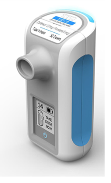 A white and blue electronic device with a digital display. The device has a cylindrical shape with a handle on the top for easy carrying. The body of the device is made of plastic and has a blue stripe running along the side. On the front there is a label with the brand name "Dyson" and the model number "14". Below the label there are two buttons - one for charging and the other for setting the device's settings. There is also a power button on the bottom right corner of the display.