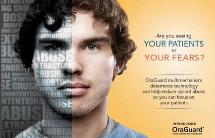 A digital advertisement for outguard a company that helps reduce opioid abuse. The background is a gradient of orange and yellow with the text "Are you seeing your patients or your fears?" on the right side. On the left side of the image there is a close-up of a young man's face with his eyes looking directly at the camera. The man has curly hair and is wearing a blue t-shirt. The text on the image reads "outguard multimechanism determines technology can help reduce opioid abuses so you can focus on your patients." The text is in white and is arranged in a grid-like pattern.