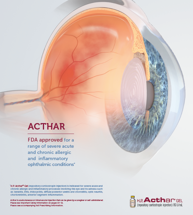 An advertisement for H.P Acthar gel. It shows a medical illustration of an eye with the text "ACTHAR: FDA approved for a range of severe acute and chronic allergic and inflammatory ophthalmic conditions". The eye is shown in a cross-section with the outermost part of the eye visible on the right side of the image. The retina is shown as a light blue color.<br /><br />The image also includes the Acthar logo at the bottom of the page. 