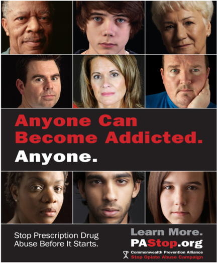 A collage of nine headsets of different people of different ages and ethnicity's. The headsets are arranged in a grid-like pattern with each headset facing the same direction. The background is black and the text "Anyone Can Become Addicted. Anyone. Stop Prescription Drug Abuse Before It Starts. Learn More. pastor.org" is written in white at the top and bottom of the image. The people in the headsets appear to be of different ethnicity's and they are all looking directly at the camera with serious expressions.