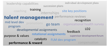 This is a word cloud consisting of words and phrases relating to Talent management. Prominent terms include Training Recognition LD2 Feedback Purpose & values Catalysts Performance & reward etc. Content appears in various colors and sizes but the variables that determine display are not listed.