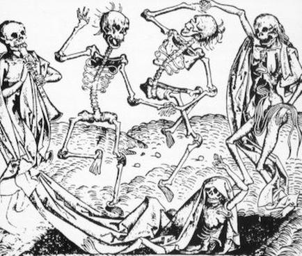 A black and white illustration of four skeletons dancing in a circle. The skeletons are arranged in a way that they are facing each other and appear to be in the middle of a dance move. On the left side of the image there is a man wearing a long robe and holding a staff. He is standing with his arms stretched out to the sides and his head tilted back as if he is dancing. In the center of the circle there are two skeletons one standing and one sitting on the ground. The man is wearing a hat and a long coat and the woman is standing next to him with her arms raised in the air. The background is a barren landscape with trees and shrubs. The overall mood of the illustration is playful and whimsical.