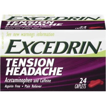 A product packaging of Excedrin Tension Headache Acetaminophen and Caffeine Capsules. The packaging is rectangular in shape and has a purple and green color scheme. The top of the packaging has the brand name "Excedrin" written in bold white letters followed by the word "Tension" in a larger font size. Below that there is a description of the product which states that it contains 24 capsules. The bottom right corner has a small image of a red capsule which is likely the product itself. The label also mentions that the product is aspirin-free and pain reliever.