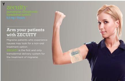 A young woman with blonde hair wearing a blue polo shirt flexing her bicep with a medical device attached to her arm. The device appears to be a security which is a type of medical device used to treat migraine patients who experience nausea may look for a non-oral treatment option. The woman is looking at the device with a concerned expression on her face. The text on the image reads "Arm your patients with security" and "Migraine patients who experienced nausea may also look for the treatment of migraine."