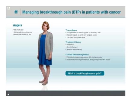 A screenshot of a presentation slide titled "Managing breakthrough pain (BTP) in patients with cancer". The slide has a blue background with a white header and footer. On the left side of the slide there is a photo of a woman with blonde hair wearing a blue dress and a gray cardigan. She is standing in front of a white background and is looking directly at the camera with a serious expression on her face. On the right side there are three bullet points that explain the topic of the presentation. The first bullet point explains that the problem is related to breast cancer and that it is possible to manage it through pain. The second bullet point discusses the treatment history of the problem the current pain management and the potential risks associated with it. The third bullet point asks the viewer what is breakthrough cancer pain? The slide also has a title at the top that reads "Angela" and a brief description of the topic.