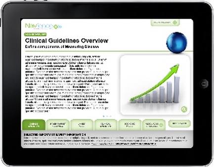A screenshot of a website called "Clinical Guidelines Overview". The website is displayed on an iPad. The website has a white background with black text. On the left side of the screen there is a title that reads "Clinical Guidelines Overview" in bold capital letters. Below the title there are several bullet points that provide information about the website's clinical guidelines. On the top right corner of the page there has a blue sphere with a green arrow pointing upwards representing growth or progress. Below that there appears to be a bar graph with multiple bars of different heights representing the growth of the website. The bars are arranged in a vertical line with the highest bar at the bottom and the lowest at the top. There are also several buttons below the title that can be used to navigate through the website such as "Home" "About" and "About Us". The overall design of the webpage is modern and professional with a clean and organized layout.