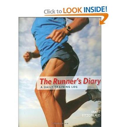 The cover of a book titled "The Runner's Diary: A Daily Training Log" by Matt Fitzgerald. The cover features a close-up of a runner's legs and feet with their arms and legs stretched out in front of them. The runner is wearing a blue t-shirt and shorts and a watch on their wrist. The background is a blue sky with white clouds. The title of the book is written in white text at the top of the cover with the author's name written in smaller text below it. There is an orange arrow pointing to the right indicating that the book can be clicked to access the cover.