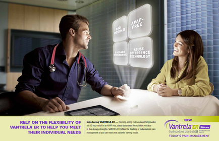 A man and a woman sitting at a desk in an office. The man is wearing a blue shirt and a stethoscope around his neck and he is holding a tablet in his hand. The woman is sitting next to him wearing a yellow blouse and smiling at him. They appear to be engaged in a conversation. In the background there is a large screen with the words "pap-FREE" and "ABUSE deference TECHNOLOGY" written on it. The screen also has several icons representing different aspects of pap-free such as "BID Dosing" "Abuse Deterrence Technology" and "cantrell ER". The image also has a banner at the bottom that reads "Relay on the flexibility of Vantrelaa ER to help you meet their individual needs". The overall tone of the image is positive and encouraging suggesting that the man and woman are discussing the benefits of using pap free technology.