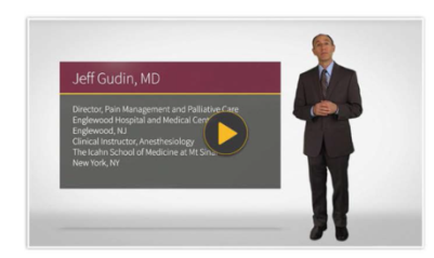 A slide from a presentation by Jeff guin MD. The slide has a maroon background with white text. On the right side of the slide there is a photo of a man in a suit and tie standing with his hands clasped in front of him. He appears to be giving a presentation. The text on the slide reads "Director Pain Management and Palliative Care eaglewood Hospital and Medical Center dogwood NJ Clinical Instructor Anesthesiology The Icahn School of Medicine at Mt. Sinai New York NY". There is also a yellow play button on the bottom right corner.