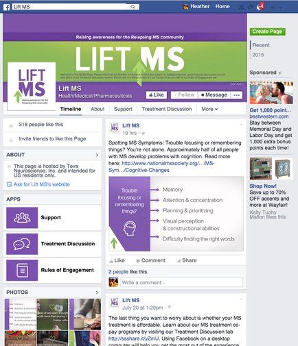 A screenshot of the homepage of a website called Lift MS. The website has a purple and green color scheme with the company's logo at the top. Below the logo there is a banner that reads "Lift MS" in bold white letters. On the left side of the page there are several tabs for different sections of the website including "About" "Support" "Treatment Discussion" "Rules of Engagement" and "Photos". On the right side there has a section titled "About" with a link to the website's social media pages. At the top right corner of the image there appears to be a banner for the website "Heather Home". Below the banner it says "Create Page" in white letters indicating that the website is a community-based platform for raising awareness for the Relapsing MS community. On the top left corner it mentions that the page is sponsored by the company and has a "Sponsored" button. - There are also images of people of different ages genders and ethnicity's as well as text that explains the website and its services.