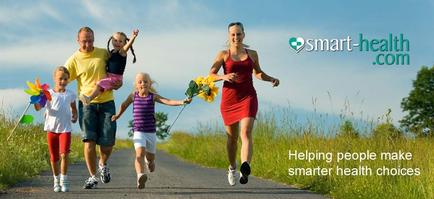 A family of five running on a road. The family consists of a father mother two children and two young girls. The father is carrying one of the children on his shoulders while the mother is holding a bunch of sunflowers. The children are running ahead of them with the father holding a pinwheel. The road is lined with tall grass and there are trees in the background. The sky is blue and the weather appears to be sunny. The image also has a text overlay that reads "Helping people make smarter health choices."