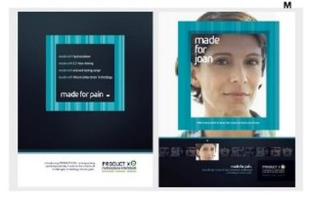 A brochure or flyer design for a company called "made for pain". The background of the brochure is black with a blue and white striped pattern on the left side. On the right side there is a photo of a woman's face in a square frame. The woman is smiling and looking directly at the camera. The text on the frame reads "Made for pain" in white letters. Below the photo there are three smaller images of the company's logo and contact information. The overall design is modern and professional with a clean and minimalist layout.