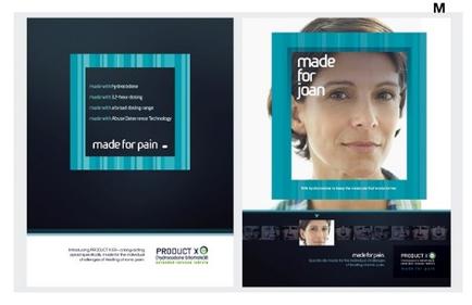 A brochure or flyer design for a company called "made for pain". The background of the brochure is black with a blue and white striped pattern on the left side. On the right side there is a photo of a woman's face in a square frame. The woman has short brown hair and is smiling at the camera. The text on the frame reads "Made for pain" in white letters. Below the photo there are three smaller images of the company's logo and contact information. The overall design is modern and professional with a clean and minimalist layout.
