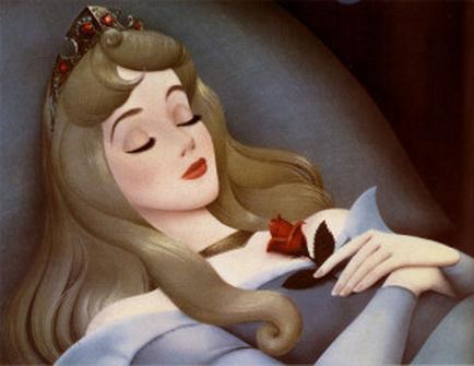 A painting of a young woman with long blonde hair and a crown on her head. She is lying on a blue couch with her eyes closed and her head resting on a white pillow. She has a red rose in her hand and is wearing a white dress with a blue shawl draped over her shoulders. Her hair is styled in loose curls and she has a peaceful expression on her face. The background is dark and the overall mood of the image is serene and peaceful.