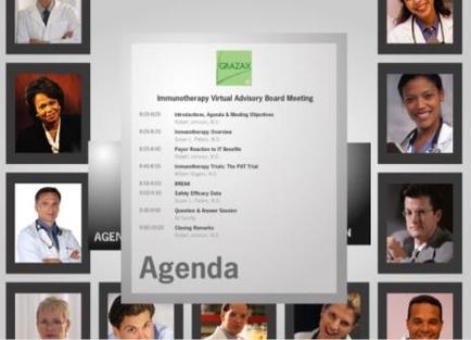 A screenshot of a virtual advisory board meeting agenda. The agenda is titled "Immunotherapy Virtual Advisory Board Meeting Agenda" and has a white background with black text. On the left side of the agenda there are six images of medical professionals including a doctor a nurse and a patient. On the top left corner there is a photo of a man in a white lab coat with a stethoscope around his neck. Next to the photo of the doctor it is a list of topics discussed in the agenda. Below the list it reads "Introduction Agenda & Meeting Objectives" and "Agenda". On the top right corner it has a logo for the organization "Grazax". In the center of the image there appears to be a table with the names of the participants and their respective agendas. The table is divided into two columns with the first column listing the topics and the second column listing their names. The first column lists the topics discussed such as "Introduction" "Agendas" and "Meeting Objectives". The second column lists their topics including the date time and location of the meeting as well as their names and contact information. At the bottom of the screen there has a navigation bar with links to different sections of the board meeting. The overall design is modern and professional with a clean and organized layout.