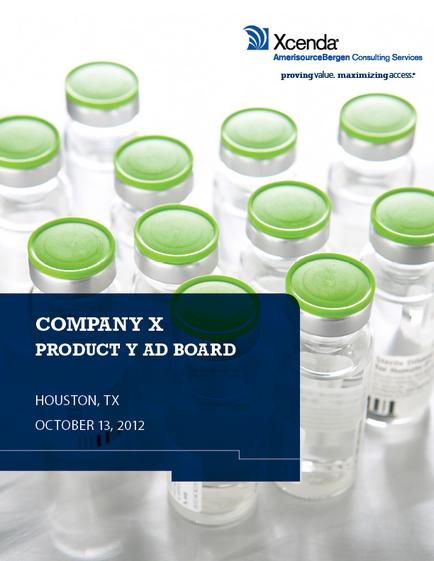 A group of small glass vials with green lids. The vials are arranged in a row and appear to be empty. The background is white and there is a blue banner at the bottom that reads "Company X Product Y Ad Board Houston TX October 13 2012". On the top right corner of the image there is the logo of Xcenda a company that provides consulting services.