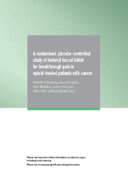 A title slide of a research paper titled "A randomized placebo-controlled study of fentanyl buccal tablet for breakthrough pain in opioid-treated patients with cancer". The background of the slide is a light green color with a subtle pattern of small white dots. The title of the paper is written in black text in the center of the image. Below the title there is a subtitle in smaller black text that reads "russell K. postman Dona L. Taylor John M. mazola L.L. Thomas C.P.A.S. 2006-2009-09-11". The author's name and contact information are written in smaller text below the title.