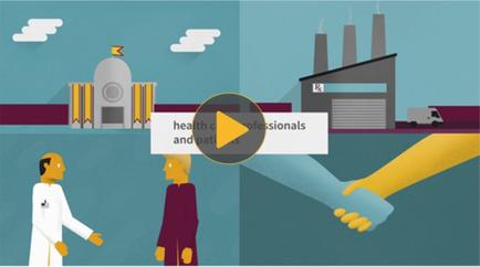An illustration of a factory with two people shaking hands. On the left side of the image there is a man wearing a white lab coat and a stethoscope around his neck. He appears to be a doctor or a scientist and on the right side there are two people one wearing a maroon robe and the other wearing a yellow robe. The background is a light blue sky with white clouds. In the center of the illustration the words "health professionals and professionals" are written in white text. There is also a play button in the bottom right corner that says "play button".