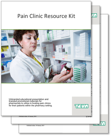 A woman in a white lab coat standing in front of a pharmacy shelf. She is holding a small bottle of medicine in her hand and appears to be examining it closely. The shelf behind her is filled with various prescription bottles and boxes. The image is accompanied by text that reads "Pain Clinic Resource Kit" and "Unbranded educational presentation and pharmacists to utilize in hosting pain clinics for their patients within the pharmacy setting."