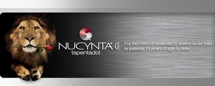 A logo for NUCYNTA Tapentadol a company that provides relief of moderate to severe acute pain in patients 18 years of age or older. The logo features a lion's face on the left side of the image with a red rose in its mouth. The lion's mane is a golden color and its eyes are a piercing yellow. The background is black and the logo is in white and red. On the right side there is text that reads "For the relief of Moderate to Severe Acute Pain in Patients 18 Years of Age or Older".
