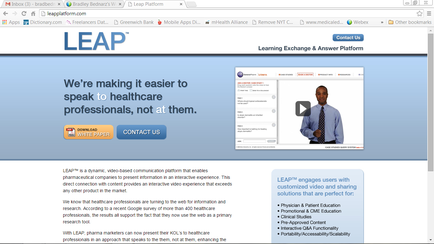 A screenshot of the homepage of a website called LEAP. The website has a blue and white color scheme with the LEAP logo at the top. Below the logo there is a banner that reads "We're making it easier to speak to healthcare professionals not at them." On the right side of the page there are two images. The first image is of a man in a suit and tie and he is smiling at the camera. The second image is an image of a video call with the text "LEAP engages users with customized video and sharing solutions that are perfect for healthcare professionals." At the bottom of the image there has a contact form with the company's logo and contact information. There is also a button that says "Contact Us".