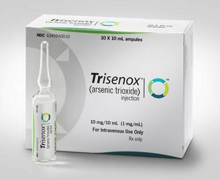 A white box with the brand name "Trisenox (arsenic trioxide) injection" printed on it. The box is rectangular in shape and has a green and white logo on the top left corner. On the right side of the box there is a small vial with a dropper on the left side. The vial is 10mg/10 ml (1 mg/mL) and is for intravenous use only. The label on the box states that the injection is for Intravenous Use Only. The background is plain white.