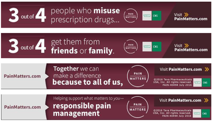 An idiographic that explains the benefits of pain matters. It has three sections each with a different color background and text. The first section titled "3 out of 4" has a title that reads "people who misuse prescription drugs...". Below the title there is a brief description of the benefits. The second section labeled "Get them from friends or family" has an image of a group of people with pain. The third section called "Together we can make a difference because to all of us" has the text "Visit PainMatters.com" and "Helping support what matters to you - responsible pain management". At the bottom of the idiographic there are three bullet points that explain the benefits and how pain matters can help people manage their pain. Each bullet point has a link to the website "PainMatters." The website's logo is also visible in the bottom right corner.