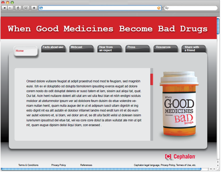 A screenshot of a webpage from a website called "When Good Medicines Become Bad Drugs". The webpage has a white background with a red header and footer. On the right side of the page there is an image of a prescription bottle with the label "Good Medicines Bad" written on it. The bottle is orange and white with a black cap. Below the label there are two paragraphs of text. The first paragraph is a text-based article about good medicines while the second paragraph is an article about bad drugs. The text is written in black font and is centered on the page. At the top of the image there has a search bar and a menu bar with various options such as "Home" "About Us" "Webcast" "Press" "Resources" "Share with a friend" and "Privacy Policy". At the bottom of the webpage there appears to be a link to the website's privacy policy page.