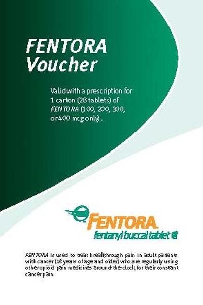 A brochure or flyer for a mentor voucher. The background of the brochure is green and white and the text is written in black. The text reads "Valid with a prescription for 1 carton (28 tablets) of cento RA (100 200 300 or400 mcg/ml)". Below the text there is a description of the voucher which states that the voucher is used to treat a breakthrough pain in adult patients with cancer (18 years of age and older who are regularly using chemotherapy pain medicine around the clock for their constant cancer pain). The voucher also mentions that the product is available for purchase at a discounted price.